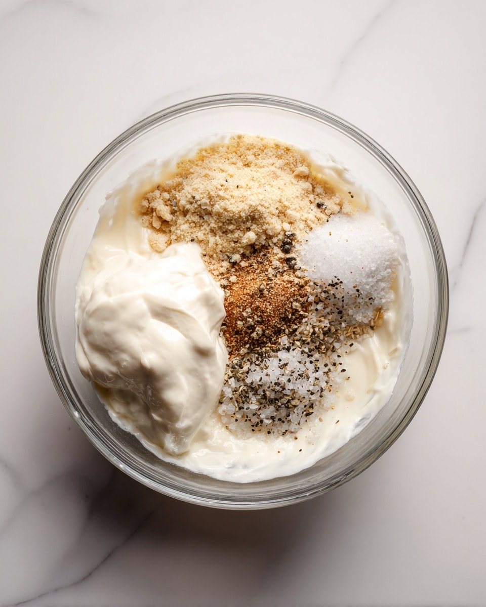 A clear glass bowl holds several separate layers of ingredients before mixing. The bottom layer is white and creamy, covering much of the bowl's base. On top and scattered through the center are small piles of dry, light beige powder, darker brown seasoning, and coarse white salt with black pepper specks. On one side, a larger dollop of thick white cream sits prominently. The bowl is placed on a white marbled surface. Photo taken with an iphone --ar 4:5 --v 7