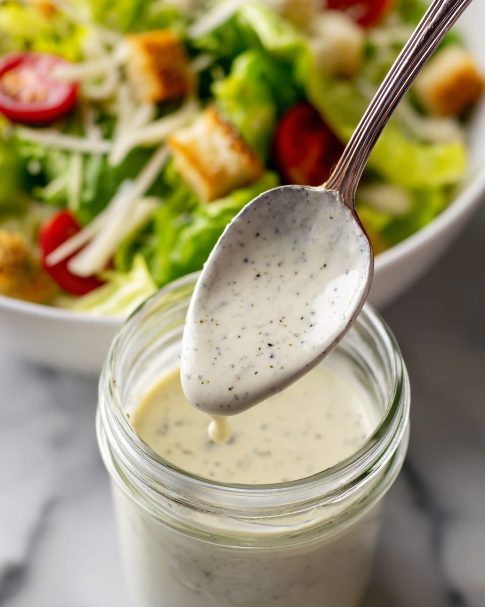 A close-up view focuses on a metal spoon covered with creamy, thick white ranch dressing with tiny black specks evenly spread through it. The spoon is held above a clear glass jar filled with the same ranch dressing, showing the smooth texture and light beige color with flecks. In the blurred background, a white bowl contains a fresh salad with bright green leafy lettuce, halved red cherry tomatoes, shredded white cheese, and golden brown croutons. The whole scene sits on a white marbled surface, bringing a clean and fresh look to the image. Photo taken with an iphone --ar 4:5 --v 7