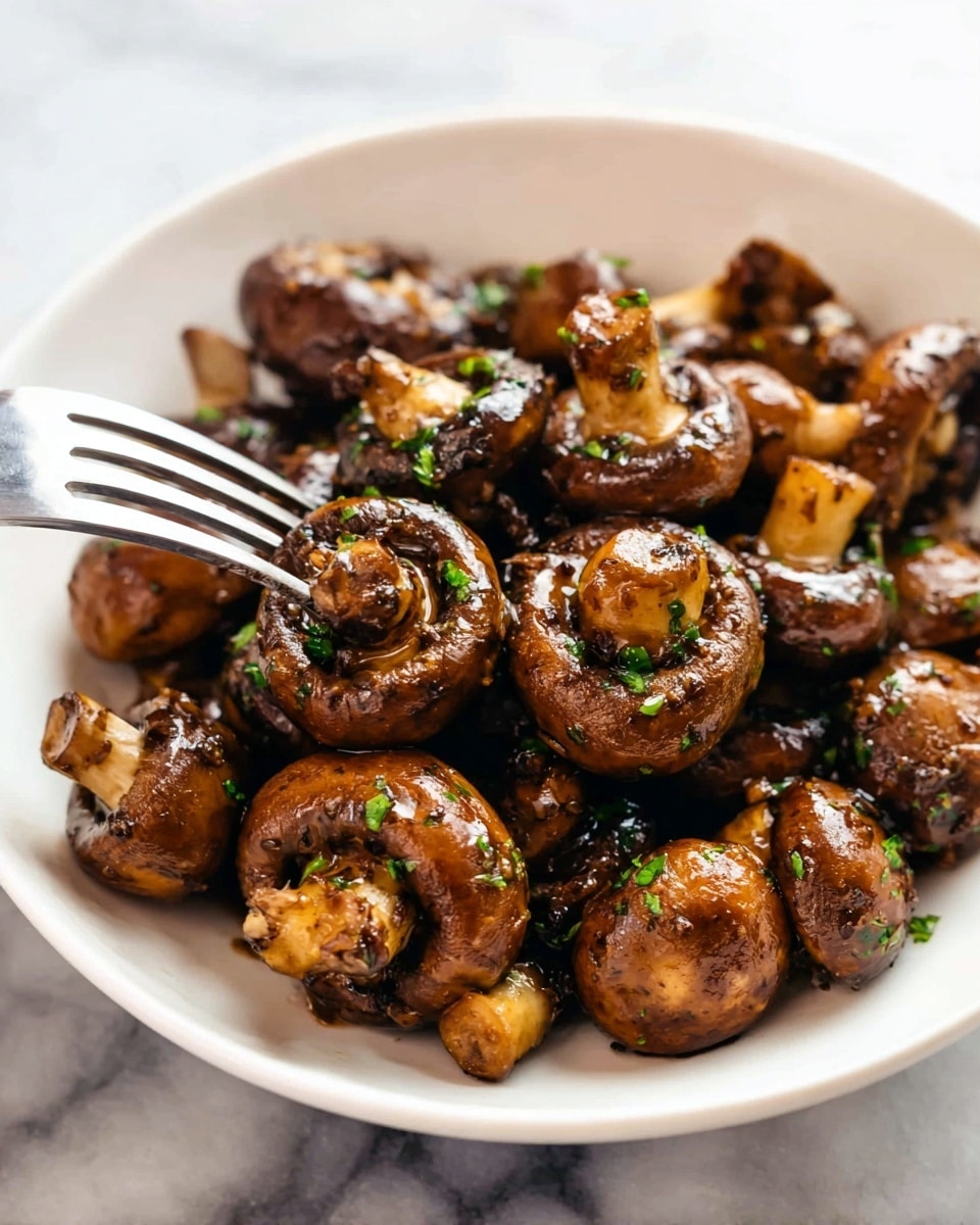 A white bowl filled with whole and sliced browned mushrooms coated in a dark, shiny sauce, sprinkled with small green herb bits, likely parsley. The mushrooms are piled high showing a mix of smooth caps and textured stems. A silver fork pierces one mushroom near the left side of the bowl. The bowl sits on a white marbled surface. photo taken with an iphone --ar 4:5 --v 7