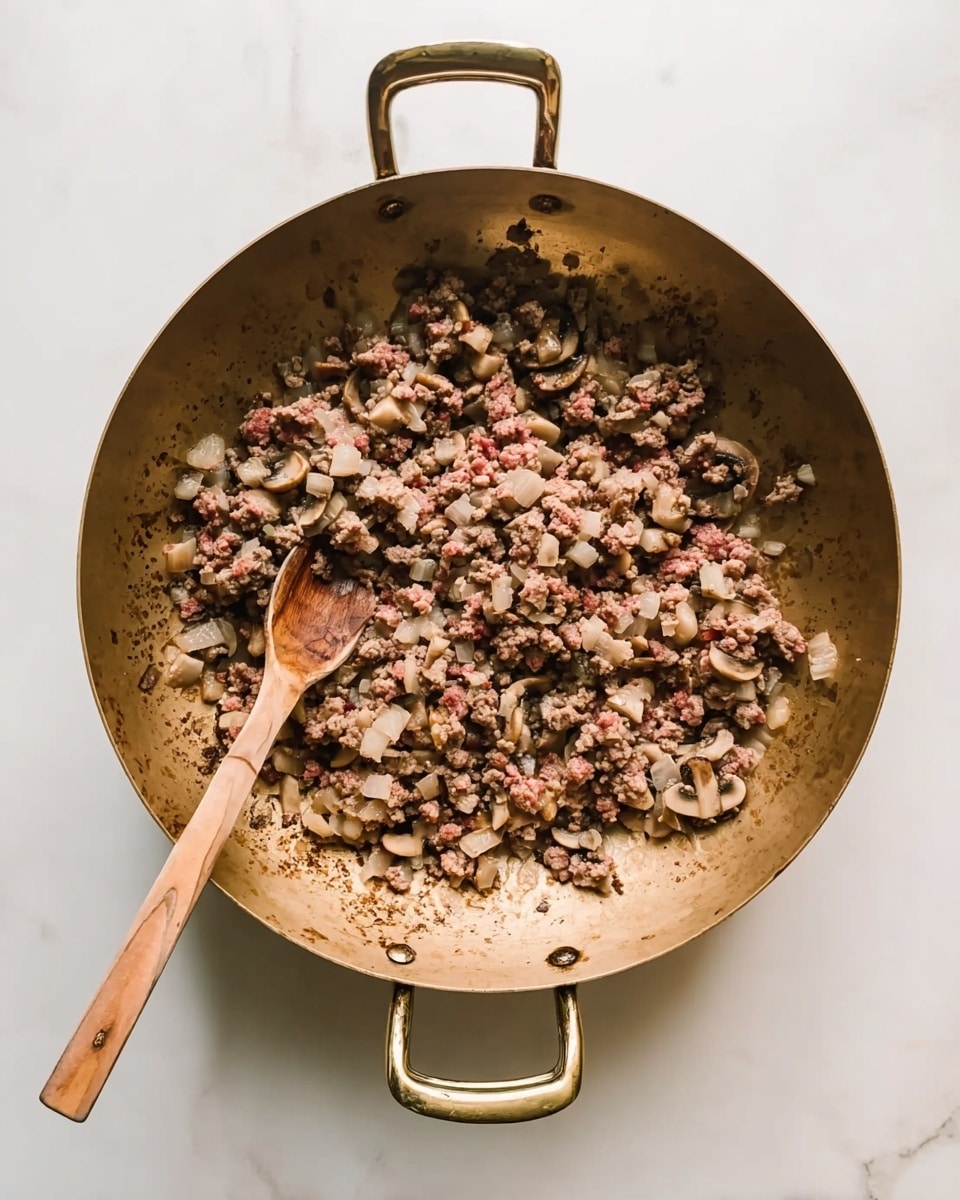 A round brass pan with two handles sits on a white marbled surface, filled with small pieces of cooked ground meat and diced mushrooms. The meat is brown with some pink spots, and the mushrooms are light brown, mixed evenly throughout. A wooden spoon with a long handle rests inside the pan, stirring the ingredients. The pan shows some browning marks on the side where the food touches it. The lighting is soft and natural, highlighting the texture of the meat and mushrooms. photo taken with an iphone --ar 4:5 --v 7