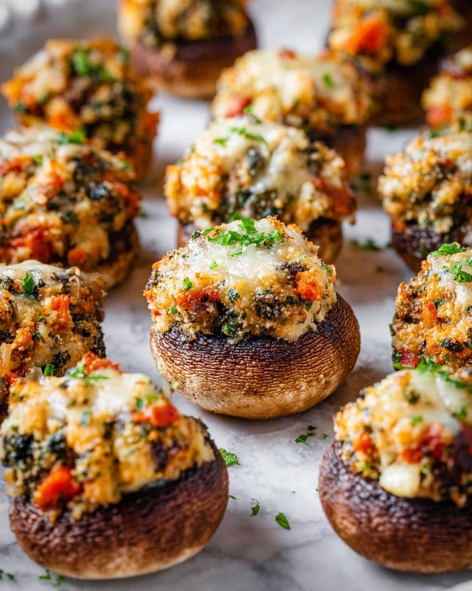 The image shows a close-up view of many stuffed mushrooms arranged on a white marbled surface. Each mushroom has one main visible layer: a brown mushroom cap at the bottom which looks soft and cooked, topped with a mound of a colorful filling made of small food pieces in shades of orange, dark green, white, and bits of red. The filling is covered with melted cheese that is light golden brown in places, with small bits of green herbs sprinkled on top for garnish. The texture of the filling looks slightly coarse and moist, contrasting with the smooth mushroom base. Photo taken with an iphone --ar 4:5 --v 7