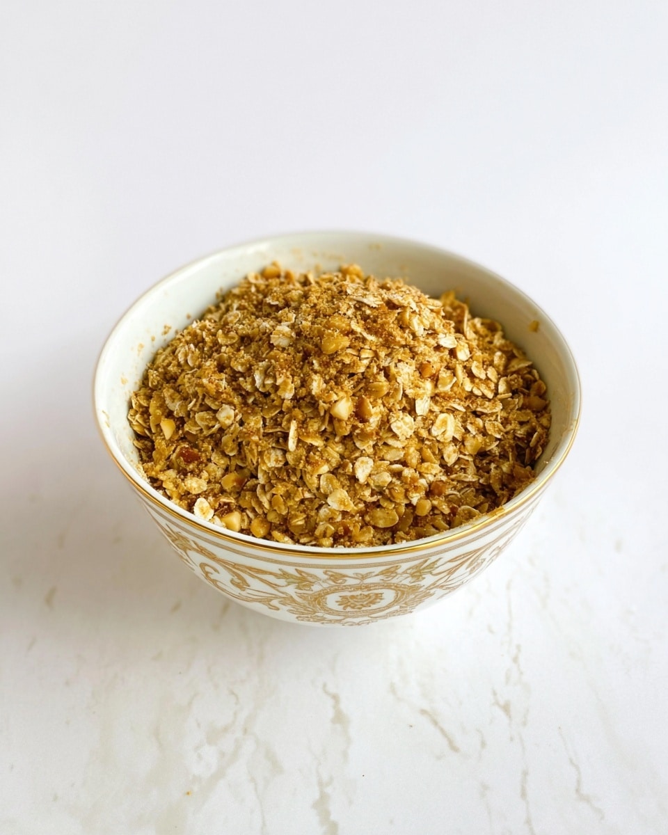 A single bowl filled with a thick mixture of oats and small pieces of nuts, showing a light brown and golden color with a slightly rough texture. The bowl is white with a delicate gold decorative pattern along the inside rim. The mixture reaches almost to the top of the bowl, with some oats stuck to the side. The background is a white marbled surface. photo taken with an iphone --ar 4:5 --v 7