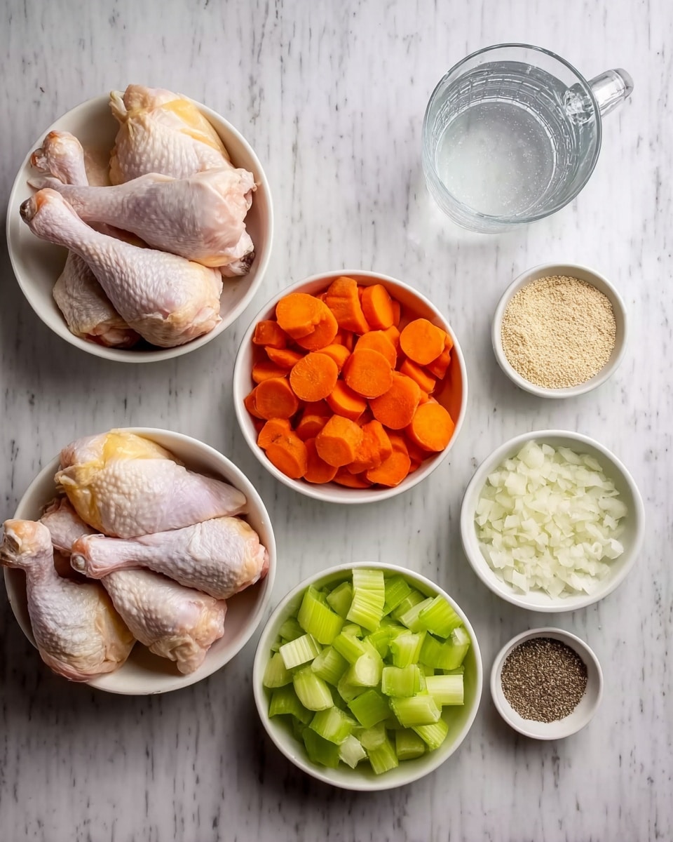 The image shows six small white bowls on a white marbled surface, each holding different ingredients. One bowl contains several raw chicken drumsticks with pale pink skin and some yellow fat. Another bowl is filled with carrot slices, bright orange and round. A third bowl holds chopped celery pieces, light green and unevenly shaped. The fourth bowl is filled with coarse chopped white onion. The fifth is a small bowl with a light tan powder, likely dried rice or breadcrumbs. The last small bowl contains finely ground black pepper. In the center background, there is a clear glass mug filled with water. photo taken with an iphone --ar 4:5 --v 7