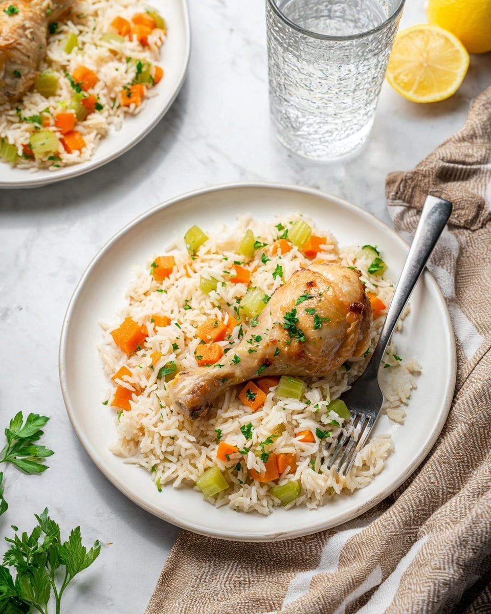 A white plate holds one layer of cooked rice mixed with small pieces of orange carrot slices and light green celery chunks scattered throughout. On top of the rice, there is a single cooked chicken drumstick with a golden brown skin, garnished with small bits of chopped green parsley. A silver fork lies resting on the edge of the plate, angled towards the bottom left. The plate is placed on a white marbled surface next to a beige and brown striped cloth napkin. In the background, partly visible, is another white plate with a similar serving and two lemon wedges beside a clear textured glass of water. Photo taken with an iphone --ar 4:5 --v 7