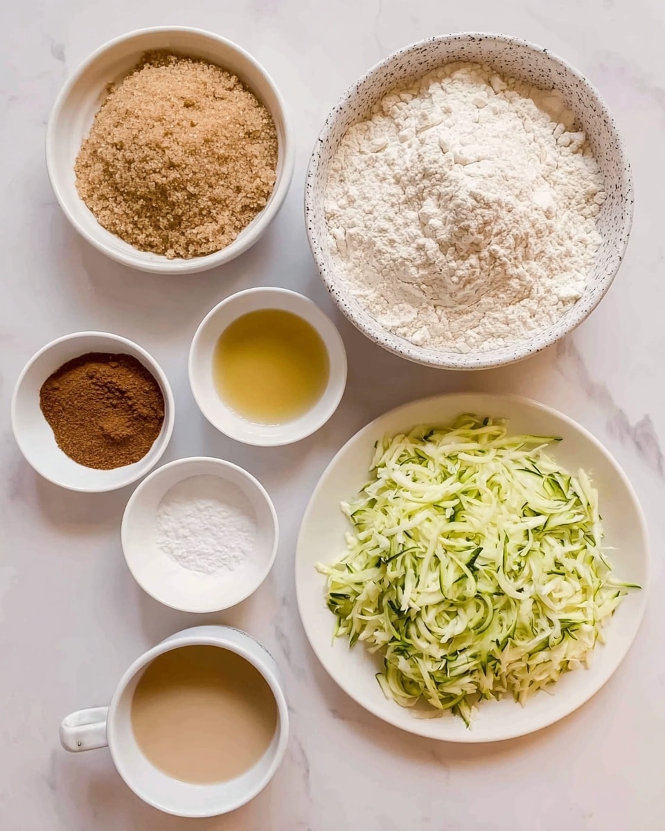 The image shows seven small white bowls and one white plate, all arranged on a white marbled surface. In the top right, a large bowl is filled with light flour, with a speckled rim. To its left, a smaller bowl holds light brown sugar with a crumbly texture. Below these, a white plate has shredded green zucchini with some light yellow tones. To the right of the plate is a white cup filled with light beige liquid. Below the cup is a small white bowl with a clear golden liquid, while to the left are three small white bowls: one with white baking powder, one with brown cinnamon powder, and the last with a slightly translucent pale liquid. A woman's hand is not directly visible in the frame, focusing on the neatly arranged ingredients. The photo taken with an iphone --ar 4:5 --v 7