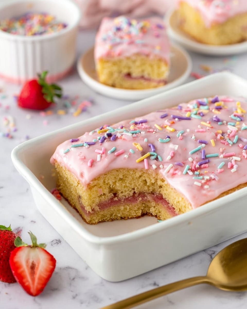 A white rectangular dish holds a cake with two layers of light brown sponge separated by a thin layer of pink filling inside, topped with a smooth layer of light pink icing scattered with small, colorful round and stick-shaped sprinkles in pastel shades of purple, blue, red, and white. A section of the cake is missing, showing the soft texture of the sponge and filling. Around the dish, there are colorful sprinkles and a single strawberry on a white marbled surface. A shiny gold spoon lies nearby, and a woman's hand reaches from the left side. In the background, there are small white round dishes with more of the same cake, also topped with the pink icing and sprinkles. photo taken with an iphone --ar 4:5 --v 7