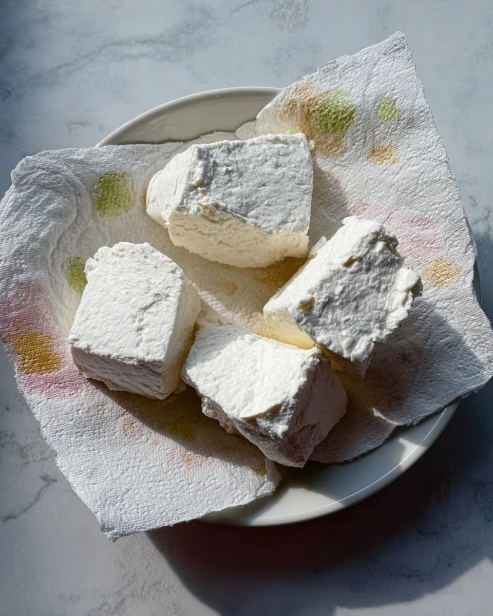 A white plate holds five pieces of white, crumbly cheese resting on a light paper towel with colored patterns. The cheese chunks have irregular shapes and a rough texture. The plate is placed on a white marbled surface. Photo taken with an iphone --ar 4:5 --v 7