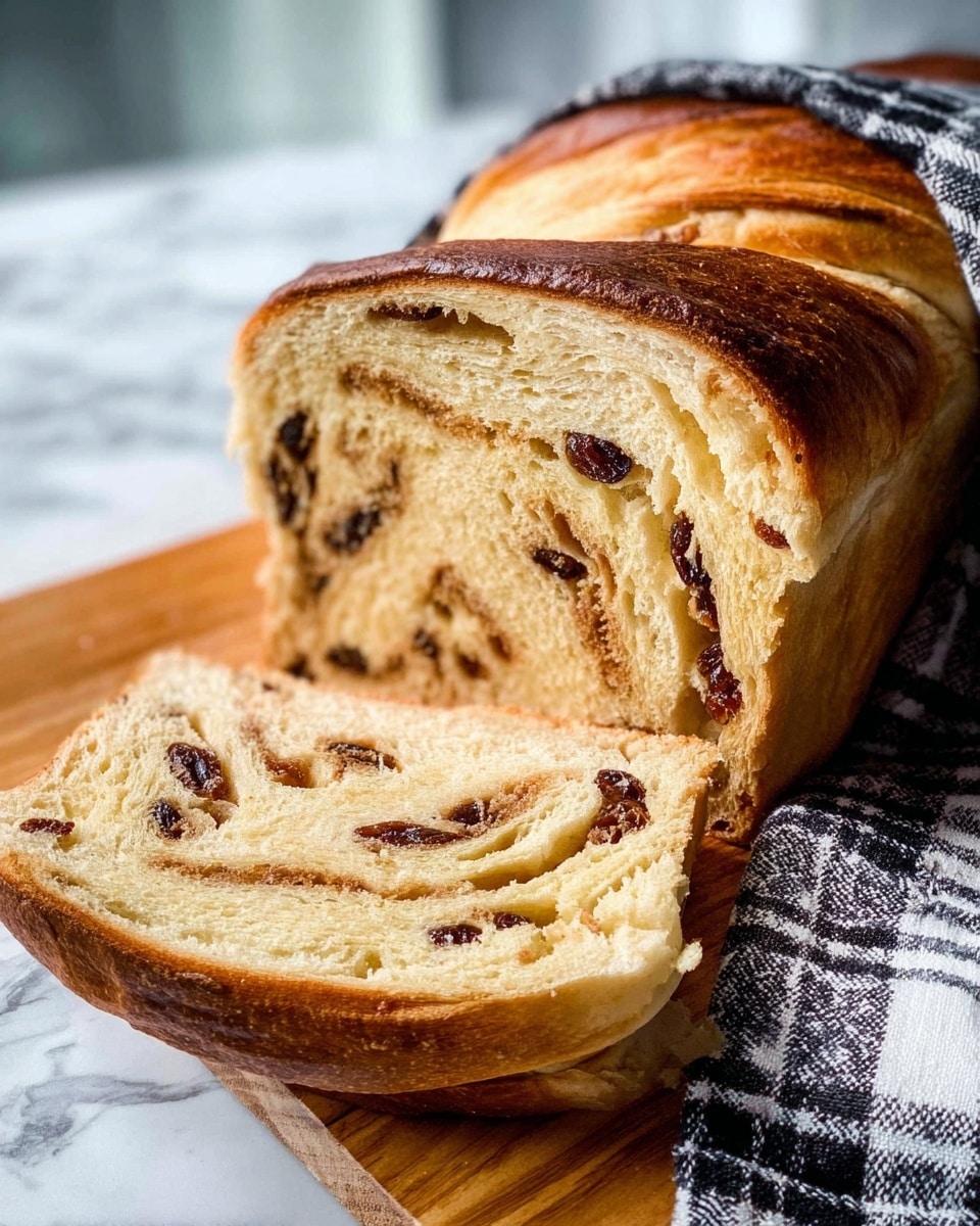 A close-up of a sliced loaf of bread with a golden brown crust and a soft inside filled with several layers of dough spiraled with raisins throughout. The texture inside looks light and fluffy, with visible swirls of darker spots where raisins are embedded. The loaf is partially wrapped with a black and white checkered cloth, resting on a wooden board, against a white marbled surface background. Photo taken with an iphone --ar 4:5 --v 7