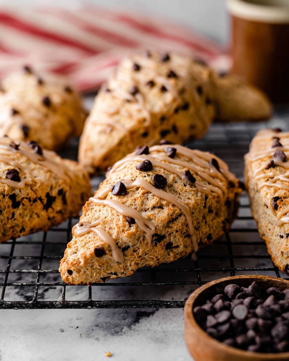 Several golden brown scones with a slightly rough texture are arranged on a black wire cooling rack over a white marbled surface. Each scone is topped with a light tan glaze that has been drizzled in thin lines, and small dark chocolate chips are scattered on top of the glaze. In the blurred background, a small wooden bowl filled with more chocolate chips adds depth to the scene. A soft red and white striped cloth is partially visible behind the bowl. The photo shows the scones close up, highlighting their crunchy crust and moist interior. photo taken with an iphone --ar 4:5 --v 7