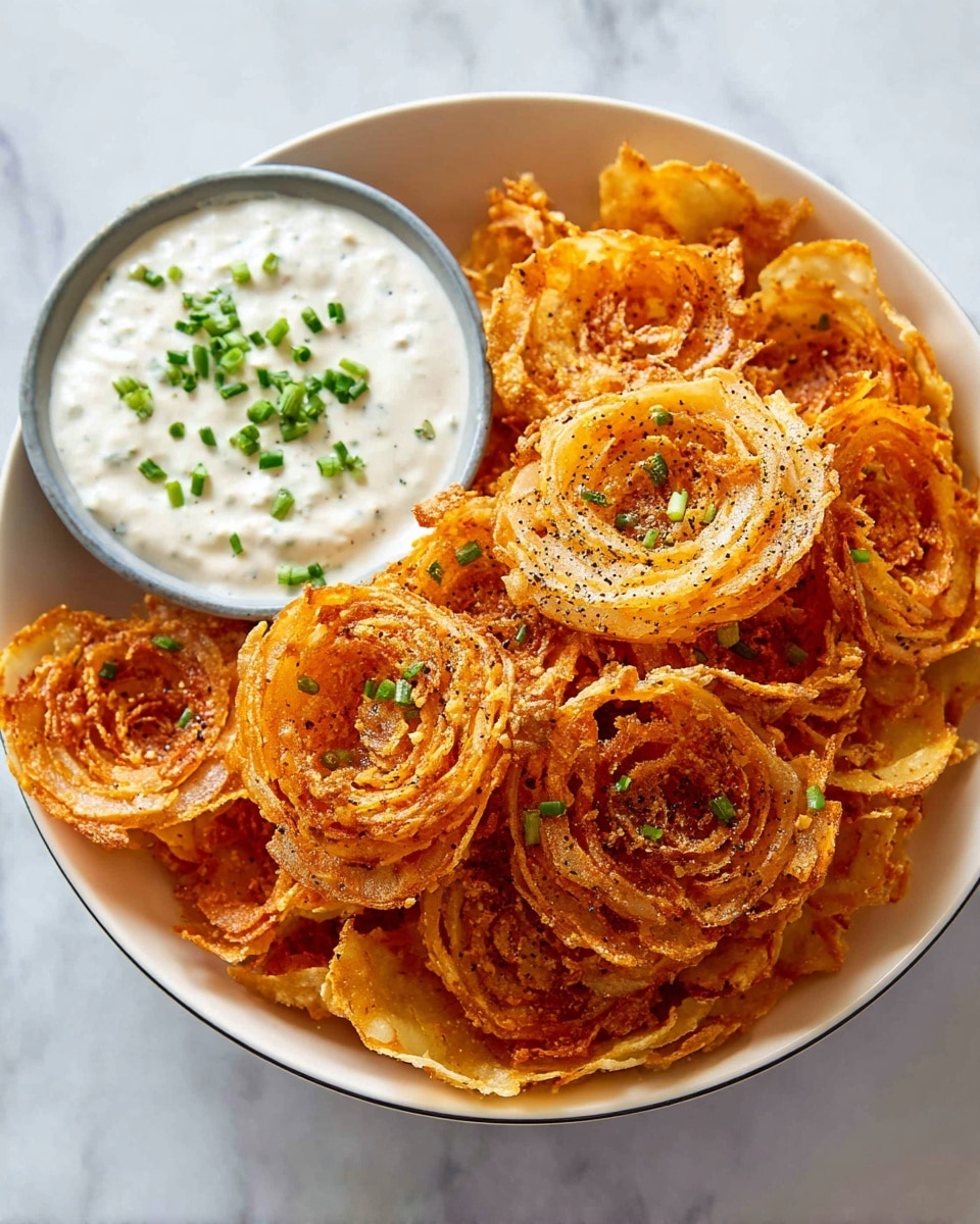 A white bowl filled with golden-brown crispy onion rings layered on top of thin, shredded, fried potato crisps that have a light orange tint from seasoning. The onion rings are seasoned with black pepper and show a shiny, slightly oily texture. On the side, a smaller white bowl holds thick, creamy white dipping sauce sprinkled with small green onion pieces. The dish is placed on a white marbled surface. photo taken with an iphone --ar 4:5 --v 7
