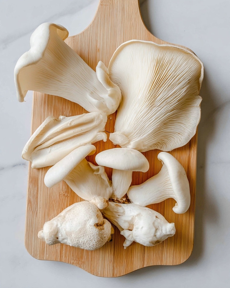 A light wooden cutting board holds several white oyster mushrooms spread across its surface. The mushrooms vary in size and shape, some showing a wide, flattened cap with creamy gills underneath, while others are shorter and more rounded with smooth, slightly bumpy textures. The mushrooms appear fresh and firm, their stems thick and sturdy. The background around the board is a white marbled surface. photo taken with an iphone --ar 4:5 --v 7