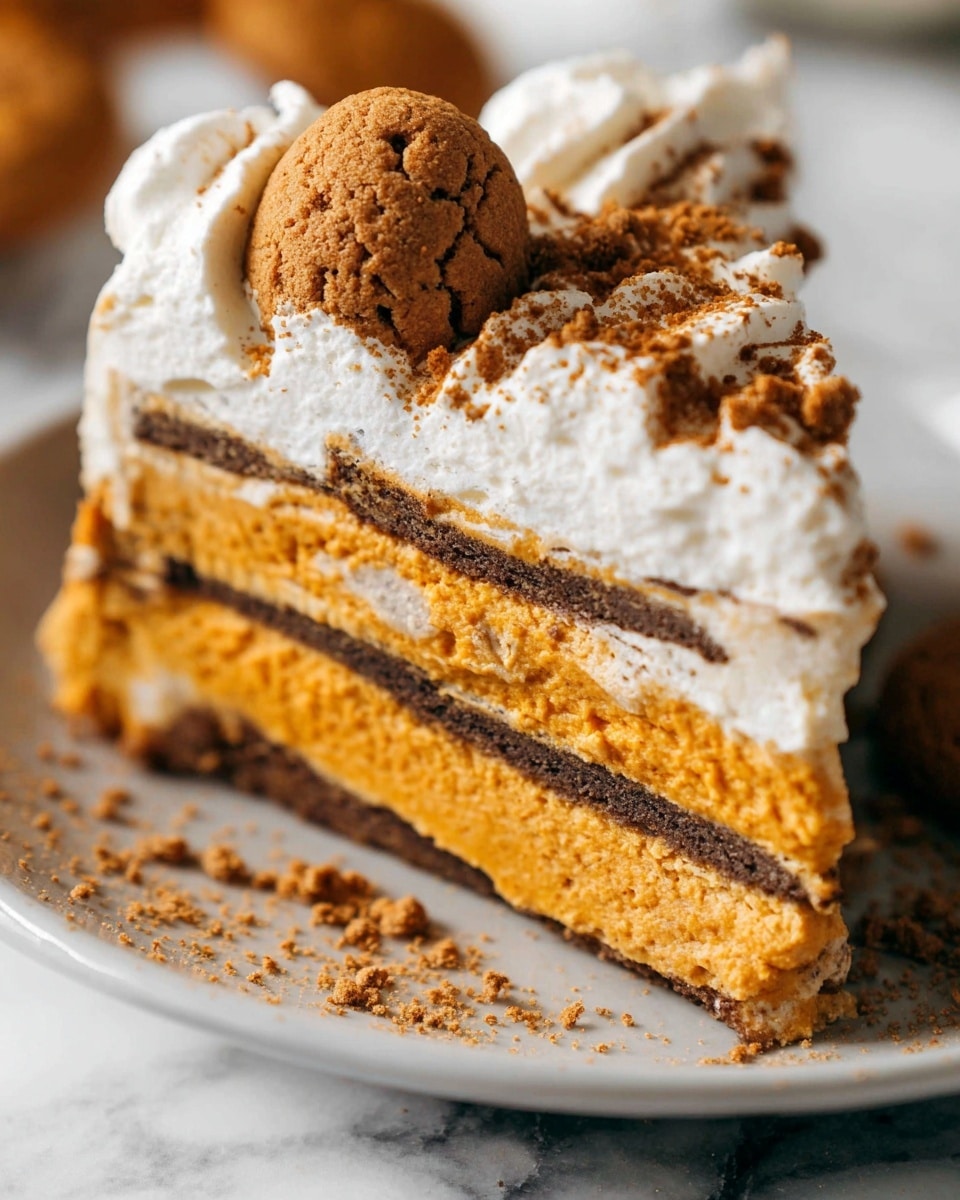 A close-up image shows a slice of layered pumpkin pie on a white plate. The pie has six layers, alternating between orange pumpkin filling and thin dark brown crust. The top layer is covered with white whipped cream, sprinkled with brown cookie crumbs. On top of the whipped cream sits a small whole brown cookie. The plate is placed on a white marbled surface, adding a clean and bright background to the dessert. Photo taken with an iphone --ar 4:5 --v 7