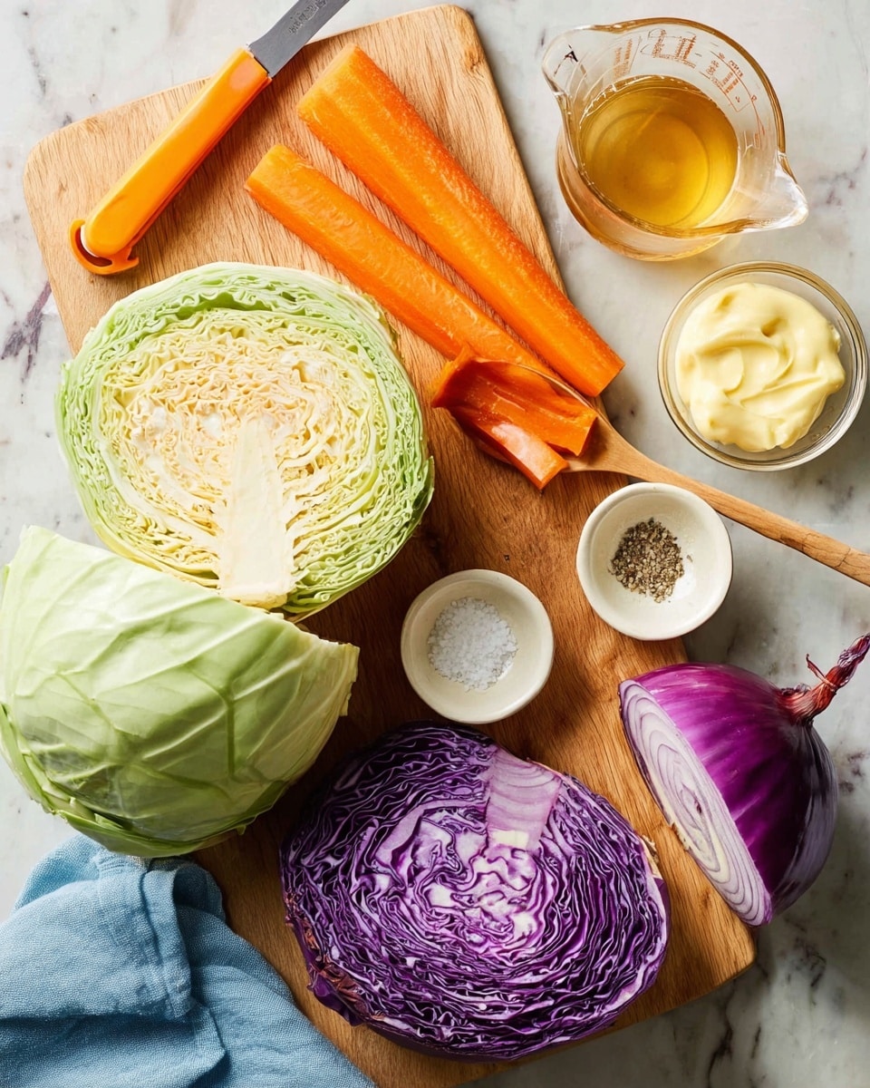 The image shows a wooden cutting board on a white marbled surface with fresh ingredients arranged neatly. On the left side, there is a large green cabbage cut in half with its light green layers clearly visible. Next to it is a purple cabbage quarter showing deep purple and white veins. Near the top left, two bright orange carrots with a vegetable peeler and carrot peelings rest on the board. To the right side, small glass bowls hold light yellow mustard, white creamy mayonnaise with a wooden spoon inside, coarse salt, and black pepper. A small glass measuring cup filled with light amber liquid is also placed beside the bowls. A halved red onion with rich purple layers lies at the bottom right corner, partially on a blue cloth. Photo taken with an iphone --ar 4:5 --v 7