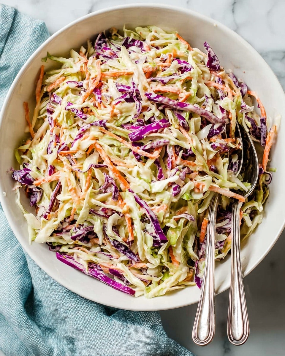 A white bowl filled with a colorful coleslaw made of thin layers of shredded green cabbage, purple cabbage, and orange carrot strips mixed evenly all over. The coleslaw has a creamy light dressing coating the vegetables, giving a soft shiny texture. Two silver serving spoons rest on the right side inside the bowl. The bowl sits on a white marbled surface with a light blue cloth nearby. photo taken with an iphone --ar 4:5 --v 7