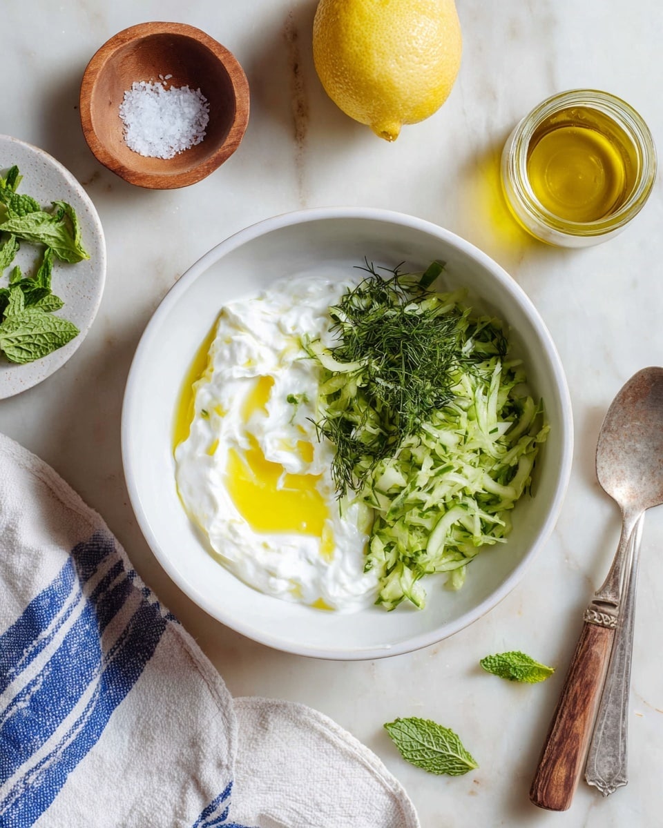 A white bowl sits on a white marbled surface, filled with three main layers: on the left, a thick, creamy white yogurt with a drizzle of golden olive oil pooling in the center; on the right, finely shredded cucumber with bright green and pale watery textures; below the cucumber, fresh chopped herbs, likely dill, with deep green needle-like leaves. Nearby, half a lemon rests to the top right, and a small glass jar filled with olive oil is partly visible. Around the bowl, a white cloth with blue stripes, a wooden bowl with coarse salt, a small white plate with green mint leaves, and a silver spoon with a brown handle lay scattered. Photo taken with an iphone --ar 4:5 --v 7