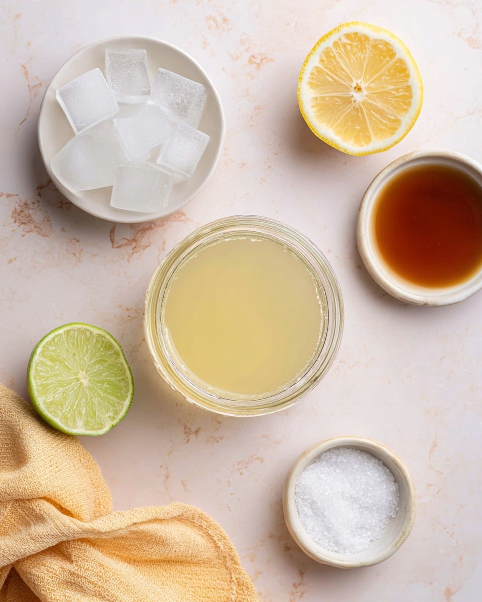 The image shows a clear glass jar filled with a light yellow liquid in the center, placed on a white marbled surface. Around the jar, there are five items: on the top left, a white bowl is filled with square ice cubes; to the top right of the jar, there is a half lemon showing its bright yellow flesh; next to the lemon on the right side is a small white bowl with thick brown liquid inside; below the jar to the left, a half lime reveals its green flesh; below the jar to the right, a small white bowl holds white granulated salt. In the bottom right corner, there is a soft yellow cloth napkin casually placed. Photo taken with an iphone --ar 4:5 --v 7