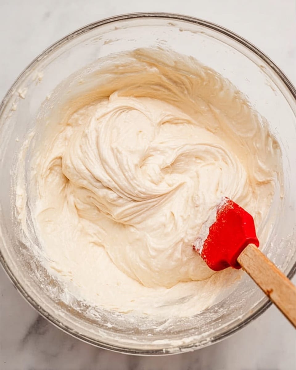 A clear glass mixing bowl filled with smooth, creamy, off-white batter. The batter shows soft folds and swirls, with a slightly shiny texture that looks thick and well mixed. A wooden spatula with a bright red silicone head is partially submerged in the batter on the right side. The bowl sits on a white marbled surface, and the image is closely cropped to focus on the batter inside the bowl. photo taken with an iphone --ar 4:5 --v 7