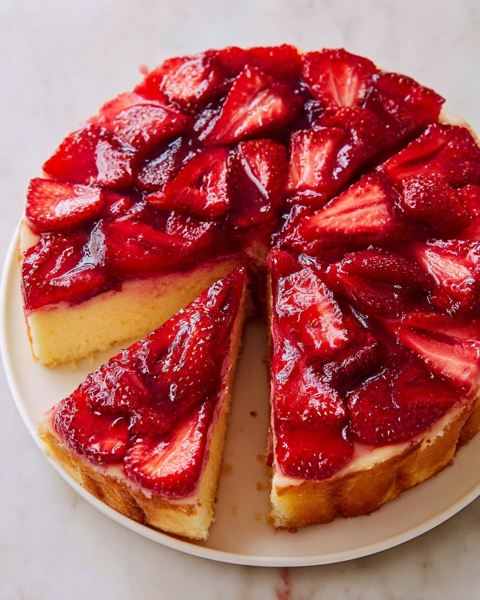 A round cake is shown on a white plate over a white marbled surface, sliced into eight pieces with one slice slightly pulled out. The top layer is covered with glossy, deep red strawberry slices that look juicy and soft, closely packed together. Underneath, the second layer is light yellow and fluffy in texture, showing a soft, moist cake base. The whole cake is thick and even, with the bright red of the strawberries contrasting against the soft yellow of the cake below. Photo taken with an iphone --ar 4:5 --v 7