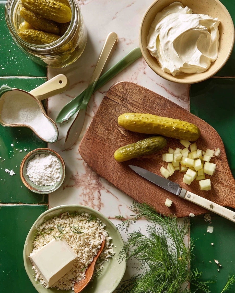 The image shows a wooden cutting board with three long greenish-yellow pickle slices, two whole and one chopped into small cubes. A small knife with a cream handle rests on the board under the pickles. Next to the board is a small white bowl with a spoon and white powder inside. Nearby, a large beige bowl holds two spoons with green handles. To the left, a glass jar filled with pickles sits on a surface of green tiles. There is a white bowl filled with fluffy white cream, and a small green dish holding a block of white butter or cheese. At the bottom, a white plate holds a small green bowl full of grainy white substance with a wooden spoon inside, surrounded by fresh dill sprigs. The surface is a white marbled texture. photo taken with an iphone --ar 4:5 --v 7
