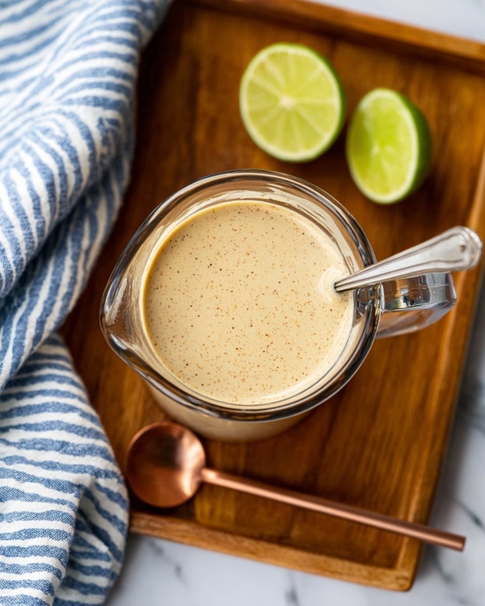 A clear glass measuring cup filled with a smooth creamy sauce with light brown colors and tiny darker specks mixed evenly, resting on a wooden tray that itself is on a white marbled surface. Next to the tray is a copper measuring spoon positioned slightly below the cup, and in the upper part of the image, there are two halves of a squeezed lime placed on a blue and white striped cloth. The spoon inside the cup is partly immersed in the sauce, showing the sauce’s thick and creamy texture, photo taken with an iphone --ar 4:5 --v 7