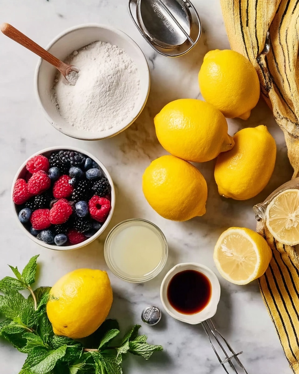 The image shows a group of bright yellow lemons, some whole and some sliced in half, arranged on a white marbled surface. Next to the lemons is a white bowl filled with a white powdery ingredient and a small wooden spoon resting inside. A shiny metal lemon squeezer sits nearby. There is a small clear glass cup with pale lemon juice and a white bowl filled with mixed fresh berries including raspberries, blackberries, and blueberries. A small glass container with a dark liquid, likely vanilla extract, is placed beside a fresh green mint sprig. In the top-right corner, there is a yellow cloth with black stripes. Photo taken with an iphone --ar 4:5 --v 7