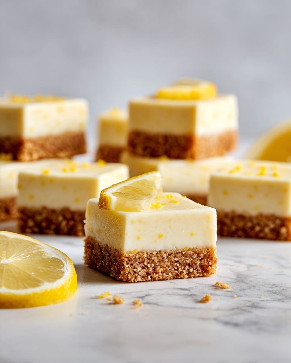 The image shows nine square lemon cheesecake bars arranged on a white marbled surface. Each bar has two layers: a smooth, creamy pale yellow top layer with tiny lemon specks and a crumbly golden brown crust layer underneath. One bar is halved and placed vertically to show the thickness and texture of both layers clearly. A fresh lemon slice rests on one cheesecake bar near the center, and a halved lemon with a bright yellow inner flesh sits at the bottom left corner. The overall view is clean with soft natural lighting. photo taken with an iphone --ar 4:5 --v 7