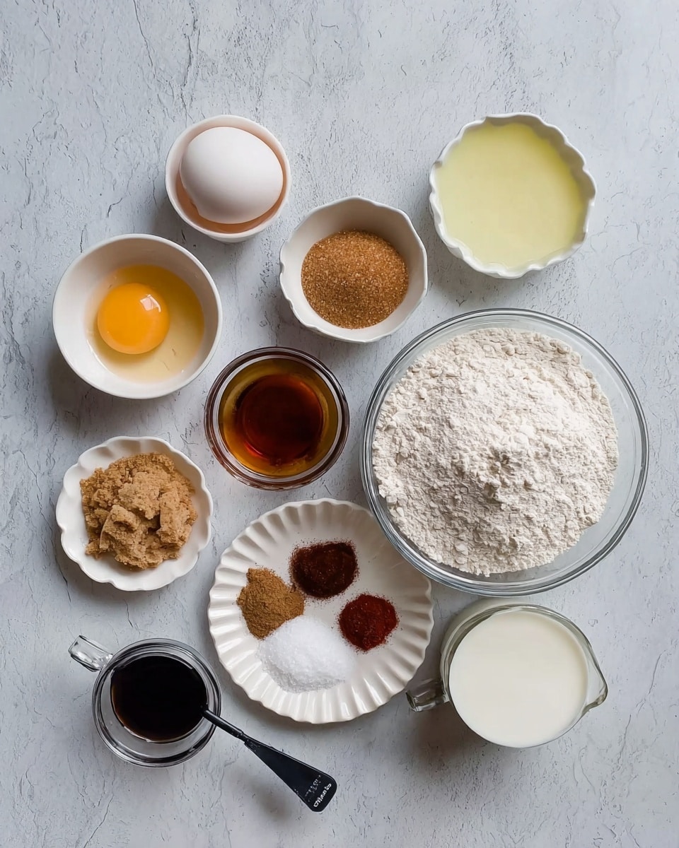 The image shows eleven small white plates and a glass bowl on a white marbled surface. The largest glass bowl on the right is filled with white flour. Below it, a small white plate holds a small glass bowl of vanilla extract. To the left, a clear glass cup contains two cracked eggs. Above it, a small white bowl is filled with white sugar topped with brown sugar. At the top right, a white bowl has a pale yellow liquid. Above center, a small white dish holds a light brown powder, above it a white scalloped plate has three small piles: ground ginger, dark red powder, and dark brown powder. On the bottom left, a small glass cup is filled with milk, next to it a black measuring spoon holds a dark liquid. The texture of the ingredients is clear, with different colors and look like they are ready for baking. Photo taken with an iphone --ar 4:5 --v 7