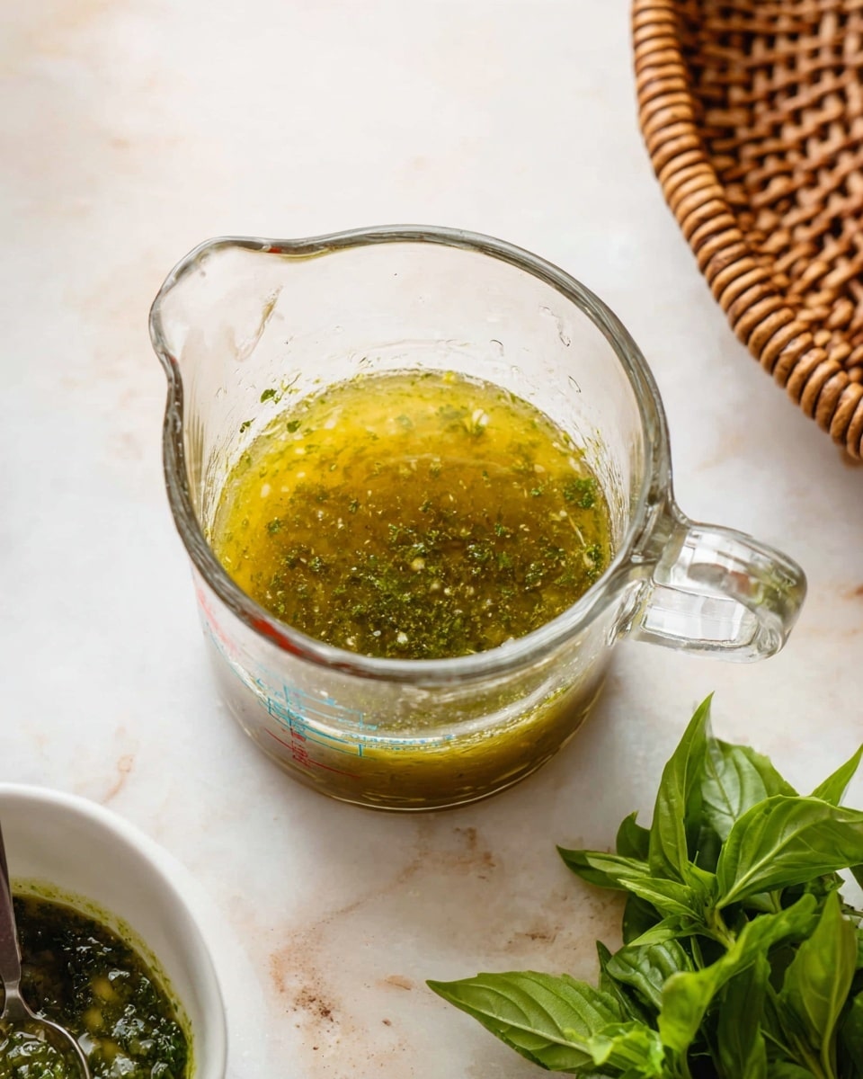 A clear glass measuring cup filled halfway with a thick, greenish-yellow sauce that has small bits of herbs and garlic floating in it; the sauce has a slightly oily shine on top. The glass measuring cup is placed on a white marbled surface. To the right of the cup, a small bunch of fresh, bright green basil leaves rest on the surface, their veins and soft texture visible. In the lower left corner is a glimpse of a white bowl containing more green sauce or pesto with a spoon inside. The top right background shows part of a round wicker basket with natural brown weaving. Photo taken with an iphone --ar 4:5 --v 7