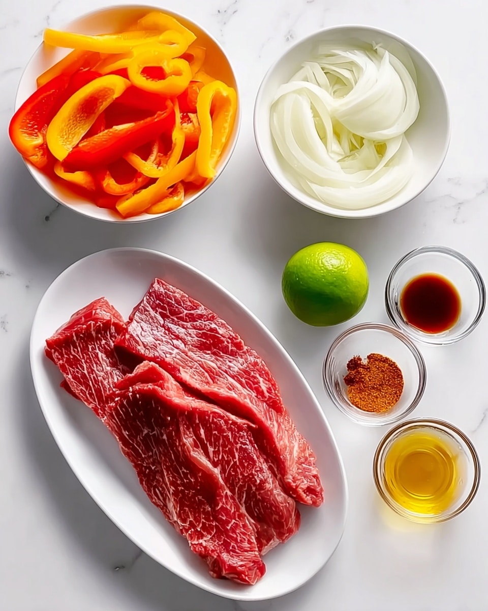 The image shows an arrangement of fresh ingredients on a white marbled surface. At the center, a white oval plate holds two raw pieces of marbled beef with red and light pink textures. To the left, a white bowl holds sliced orange and yellow bell peppers with a glossy surface. Above the plate, a smaller white bowl contains white sliced onions. On the right side of the plate, a whole bright green lime rests directly on the marble. Below the lime, three small clear glass bowls hold reddish brown spices, light yellow oil, and a dark amber liquid, each with smooth surfaces reflecting light. The composition is clean and evenly lit, photo taken with an iphone --ar 4:5 --v 7