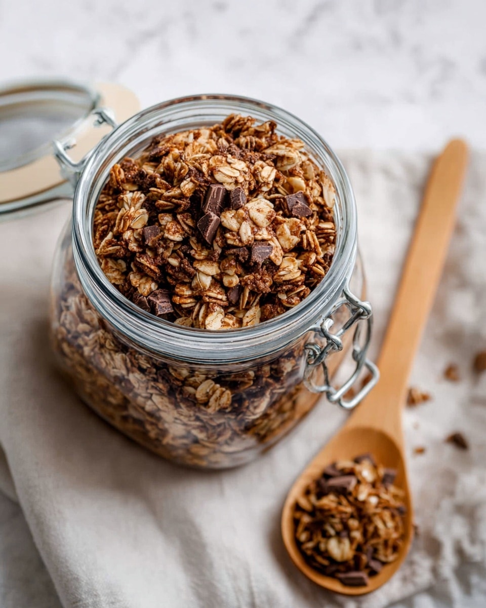 The image shows a clear glass jar filled to the top with crunchy granola that is a mix of golden brown rolled oats, dark chocolate chunks, and some seed pieces all mixed together. The jar has a metal latch on the side and sits on a soft light cloth on a white marbled surface. Next to the jar, there is a wooden spoon with some of the granola on it, adding a natural, cozy feel to the scene. The granola looks textured and crunchy with different shades of brown and bits of dark chocolate scattered throughout, running close to the top edge of the jar. Photo taken with an iphone --ar 4:5 --v 7