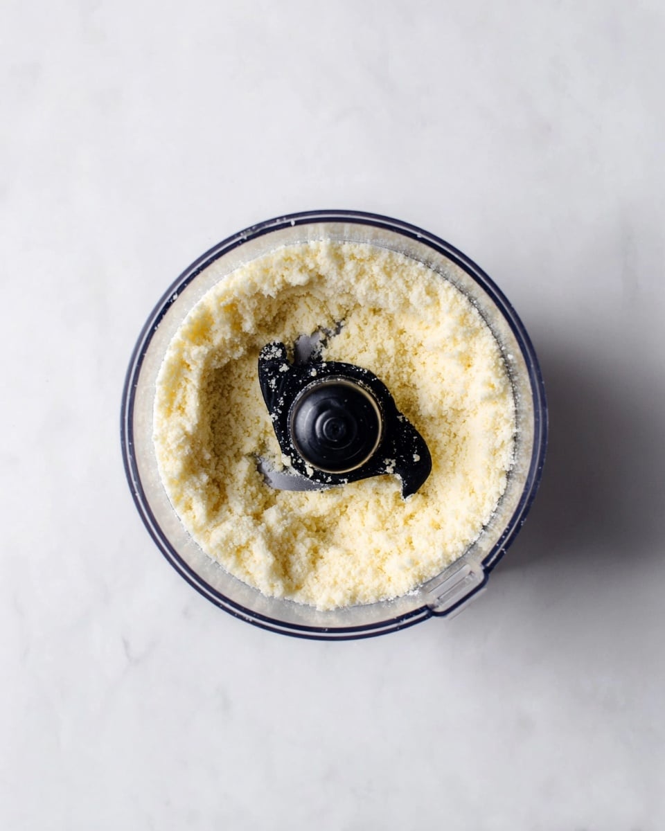 A top view of a single clear food processor bowl filled with a whitish-yellow, grainy mixture that looks soft and crumbly, surrounding the central black blade hub, all placed on a white marbled surface photo taken with an iphone --ar 4:5 --v 7