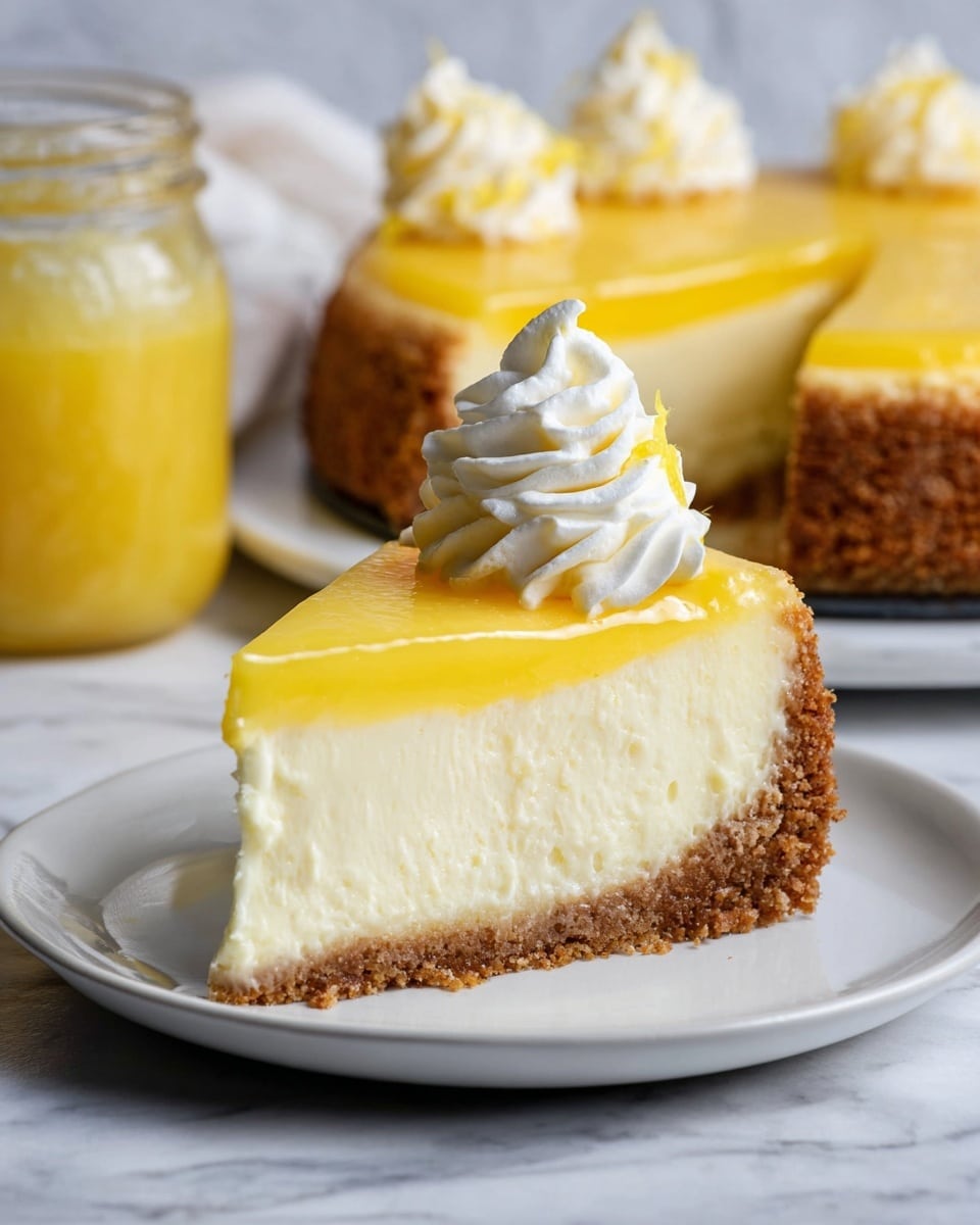 A slice of cheesecake is placed on a white plate on a white marbled surface. The cheesecake has three visible layers: the bottom layer is a crumbly brown crust, the middle layer is thick, creamy, and light yellow, and the top layer is a smooth, glossy bright yellow lemon topping. On the top edge of the slice, there is a swirl of white whipped cream. In the background, a whole cheesecake with similar layers is visible, along with a glass jar containing yellow lemon curd. Photo taken with an iphone --ar 4:5 --v 7