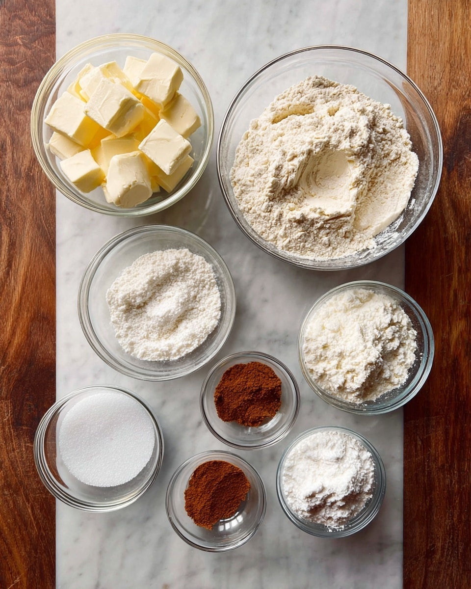 The image shows six clear glass bowls arranged on a white marbled surface. The largest bowl, positioned top right, is filled with light beige flour, with slight clumps and a small hollow in the middle. To the left of it is a bowl filled with pale yellow cubed butter. Below the flour bowl is a medium-sized bowl with bright white powder, likely sugar or powdered sugar, showing a smooth texture with some small lumps. Near the bottom left is a bowl filled with granulated white sugar, appearing fine and even. To the right of the sugar bowl is a smaller bowl containing a fine reddish-brown powder, which has a soft texture. Finally, two small bowls at the bottom right hold fine white powders with smooth textures. photo taken with an iphone --ar 4:5 --v 7