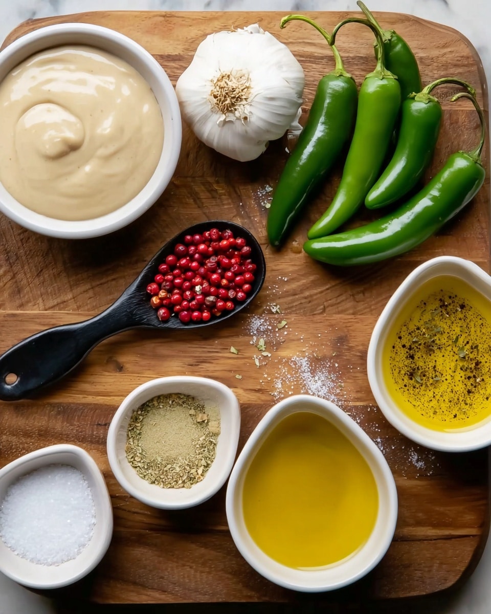 The image shows a wooden cutting board with various cooking ingredients arranged on it. There is a white bowl with light beige creamy sauce in the top left corner, surrounded by a cluster of shiny green chili peppers and a whole bulb of white garlic placed near the top center. A black spoon filled with small bright red peppercorns lies on the left side. Three white bowls are lined along the bottom, filled with coarse white salt, smooth yellow mustard, and clear yellow olive oil with herbs inside. The surface under the board is a white marbled texture. Photo taken with an iphone --ar 4:5 --v 7