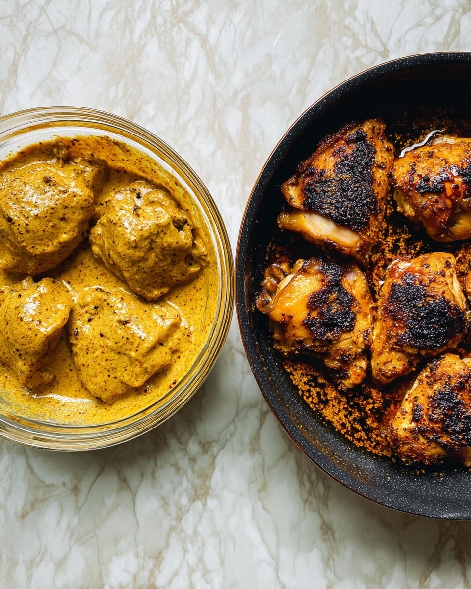 A clear glass bowl on the left side shows four raw chicken pieces covered in a thick yellow mustard and spice sauce, the sauce has a slightly grainy texture with specks of black pepper. On the right is a black pan filled with four partially charred, golden-brown cooked chicken pieces. The chicken has a crispy skin with dark spots and visible seasoning, sitting in a shallow layer of hot cooking oil with small browned bits around them. Both containers are placed on a surface with a white marbled texture. photo taken with an iphone --ar 4:5 --v 7