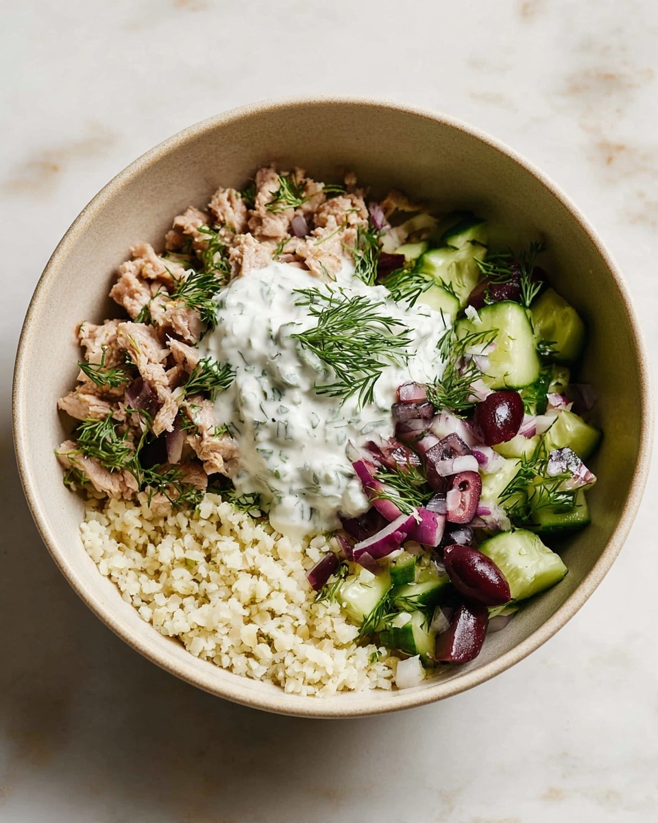 A beige bowl on a white marbled surface holds three main layers. The bottom layer is a pile of small, off-white grains with a soft, flaky texture. On the left, there is a generous portion of finely chopped light tan cooked meat mixed with green herbs. In the center, fresh chopped green cucumber pieces mixed with dark purple olive slices and small red onion bits form a colorful salad. On top of the salad, there is a dollop of creamy white sauce with visible green herb pieces, garnished with fresh green dill sprigs. photo taken with an iphone --ar 4:5 --v 7