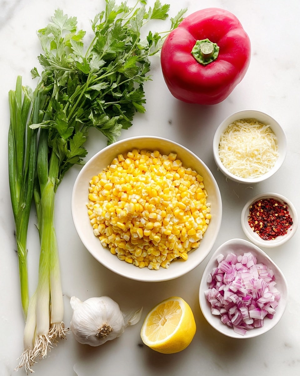 A top view of fresh cooking ingredients arranged on a white marbled surface, centered around a white bowl filled with bright yellow corn kernels, surrounded by a bunch of green leafy herbs at the top left, a whole shiny red bell pepper to the upper right, a small white bowl of pale grated cheese and another small white bowl with finely chopped purple onions stacked vertically to the right of the corn. At the bottom left corner, there are fresh green onions, a whole garlic bulb slightly to the right, and a half lemon with its bright yellow flesh exposed. On the far right, there is a small white dish with crushed red pepper flakes. The scene is well lit and clean, photo taken with an iphone --ar 4:5 --v 7