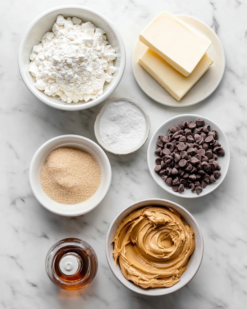 Seven white bowls and a white plate are arranged on a white marbled surface. The white plate at the top right holds two rectangular blocks, one light cream and one pale yellow. Clockwise from the plate is a large white bowl filled with a fluffy white powder. Below that is a smaller white bowl filled with dark brown chocolate chips. To the bottom left is a tiny clear glass bottle with brown liquid and a white stopper. Above that is a small white bowl with a light beige powder. To the left of it is another small white bowl with packed light brown sugar. Above that is a medium white bowl filled with smooth, creamy peanut butter, swirled on top. photo taken with an iphone --ar 4:5 --v 7