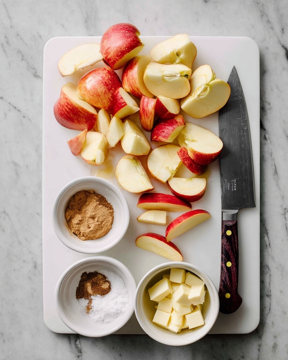 The image shows a white cutting board on a white marbled surface. On the cutting board, there are apples in different forms arranged from top to bottom: large apple pieces with red and yellow skin, apple cores and peels, halves of apple, and thin apple slices with red edges. To the right on the board is a large knife with a dark handle and three brass rivets. Surrounding the cutting board are four small white bowls on the marbled surface; one has light brown sugar, one white flour, one a mix of brown and white spices, and the last has small cubes of butter. photo taken with an iphone --ar 4:5 --v 7