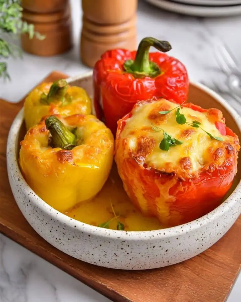 Baked Stuffed Peppers with Ground Chicken, Rice, and Cheese Recipe