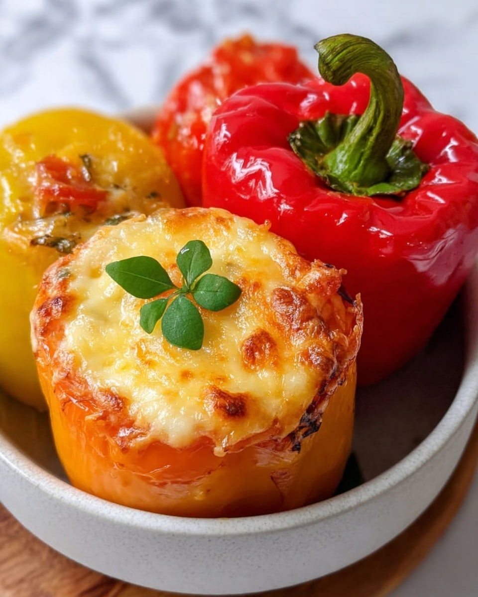 The image shows a white bowl filled with three stuffed bell peppers. In the center, there is an orange pepper with a creamy, golden melted cheese topping, with two small green leaves placed on top for garnish. To the right, a bright red pepper stands upright, showing its green stem and a smooth, shiny surface. On the left side of the bowl, a yellow pepper with visible tomato sauce on its surface peeks into view. The bowl is placed on a white marbled surface. The photo is taken with an iphone --ar 4:5 --v 7