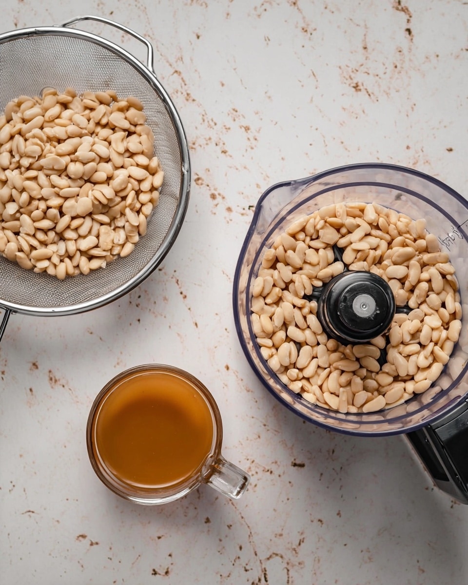 The image shows a white marbled surface with three main items placed on it. On the left, there is a silver metal sieve filled with light beige beans. In the center, there is a clear food processor bowl containing similar light beige beans and a visible metal blade. On the right, there is a clear glass measuring cup filled with a light brown liquid. The items are arranged with some space between them and viewed from above. Photo taken with an iphone --ar 4:5 --v 7