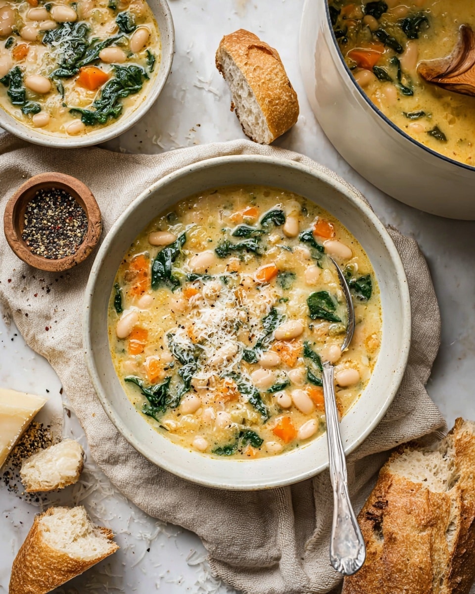 A white bowl filled with thick soup showing three main layers: a base of creamy light yellow broth, middle layer of white beans and diced orange carrots mixed with bits of green spinach, and scattered finely grated pale cheese with cracked black pepper on top. A silver spoon stands inside the bowl, resting on the right side. The bowl sits on a soft beige cloth on a white marbled surface next to torn pieces of crusty baguette bread, a small bowl of black pepper, and a chunk of hard cheese with a metal grater. In the background, a white pot with similar soup and a wooden spoon inside can be seen. Photo taken with an iphone --ar 4:5 --v 7