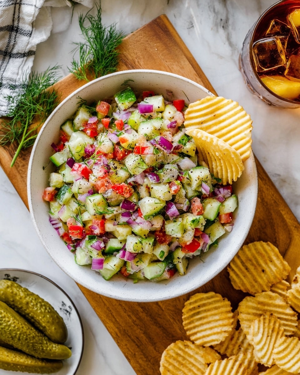 A white bowl filled with a colorful salad made of finely chopped cucumber, red and green bell peppers, red onion, and herbs, all mixed together with a light sprinkle of black pepper. On one side of the bowl, two ridged potato chips are placed inside the salad. The bowl rests on a wooden board, with more ridged potato chips scattered around it on a white marbled surface. Part of a glass filled with iced tea is visible on the top right, and a small plate with pickles and dill is partially seen at the bottom. photo taken with an iphone --ar 4:5 --v 7