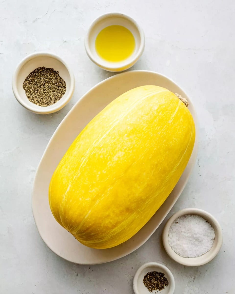 A whole bright yellow spaghetti squash sits in the center of a white oval plate on a white marbled surface. Around it, there are three small white bowls: one with coarse salt at the top right, one with cracked black pepper below and to the right of the salt, and another with golden olive oil near the bottom left of the squash. The colors are clear and simple, with the yellow squash standing out against the white and light textures. photo taken with an iphone --ar 4:5 --v 7