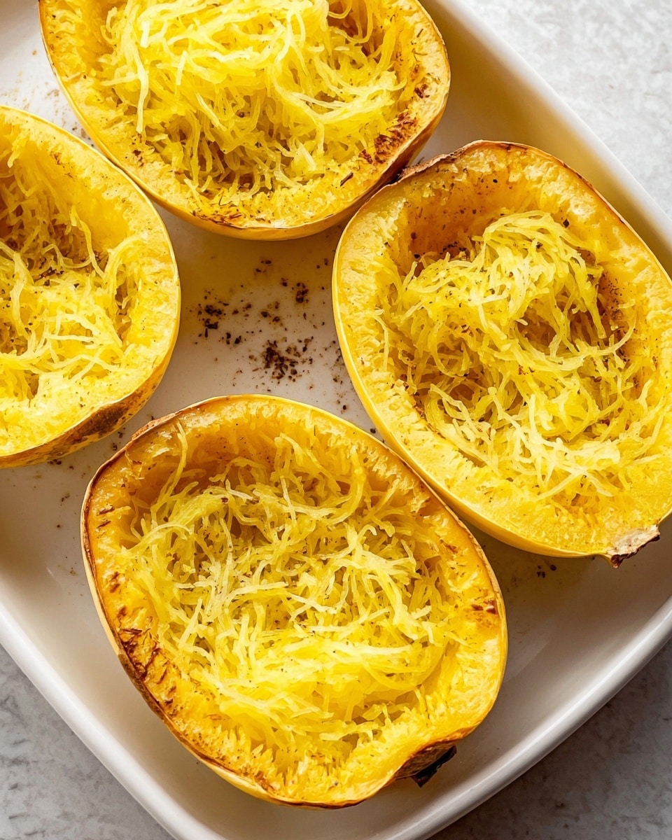 The image shows four roasted spaghetti squash halves arranged in a white baking dish placed on a white marbled surface. Each half has a golden yellow shell with slightly browned edges forming a curved rim, creating a bowl-like shape. Inside, the soft, stringy spaghetti-like flesh is bright yellow with thin, noodle-like strands piled loosely and filling each half. Small bits of seasoning and slight charring are visible on the squash surface and around the edges, adding texture and contrast. The overall look is warm and inviting with varying shades of yellow from the shell to the inner strands. photo taken with an iphone --ar 4:5 --v 7