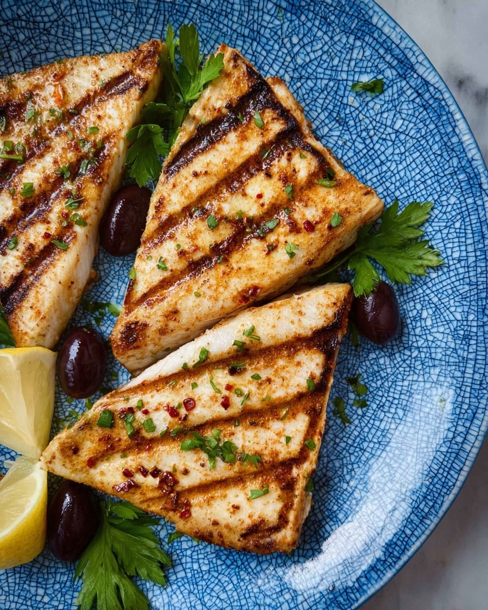 The image shows four triangular grilled fish pieces with light golden-brown color and clear dark grill lines, placed on a large white plate with a blue crackled pattern. The fish pieces have small flecks of red spices spread on top, and there are a few green parsley leaves scattered over the fish and plate, adding fresh green spots. Near the bottom left corner, two lemon wedges and two dark brown olives rest on the parsley leaves. The plate sits on a white marbled surface. photo taken with an iphone --ar 4:5 --v 7
