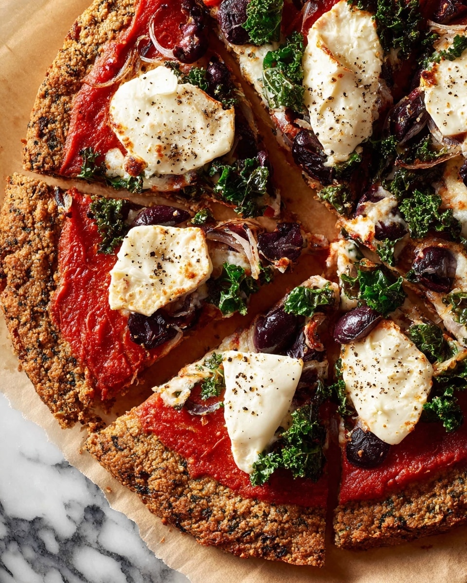 A close-up view of a sliced pizza resting on parchment paper over a white marbled surface. The pizza has a thick, textured crust with a golden-brown color speckled with herbs. The first layer is bright red tomato sauce spread evenly over the crust. On top of the sauce, there are scattered pieces of dark purple olives and green leafy kale. Large, uneven white cheese pieces are placed on the top, some slightly browned and melted, adding a creamy texture. The pizza is cut into eight slices with visible black pepper sprinkled on the cheese and greens. photo taken with an iphone --ar 4:5 --v 7