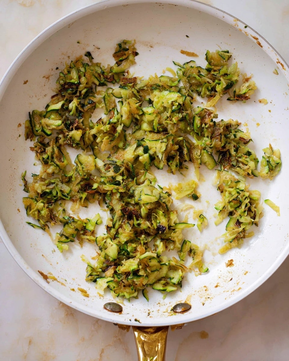 Inside a white frying pan with a gold handle on a white marbled surface, there are small uneven clusters of cooked shredded zucchini scattered across the pan. The zucchini pieces are green with browned, crispy edges and a slightly oily shine, showing a mix of soft and crunchy textures. The pan surface has some light oil spots around the zucchini, enhancing the glossy look of the cooked vegetable bits. photo taken with an iphone --ar 4:5 --v 7