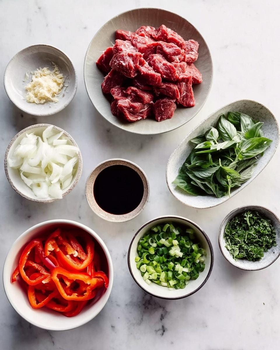 The image shows seven white dishes on a white marbled surface, each containing different ingredients. The central dish holds slices of raw red beef. To the right, there is a bowl filled with white onion slices and above it, an oval dish with green basil leaves. Below the central bowl, a small cup contains dark soy sauce, and next to it, a bowl is filled with green chopped spring onions. On the left side, there is a bowl with bright red pepper slices, above it, a small bowl with minced garlic, and next to that, another small bowl with finely chopped green herbs. Photo taken with an iphone --ar 4:5 --v 7